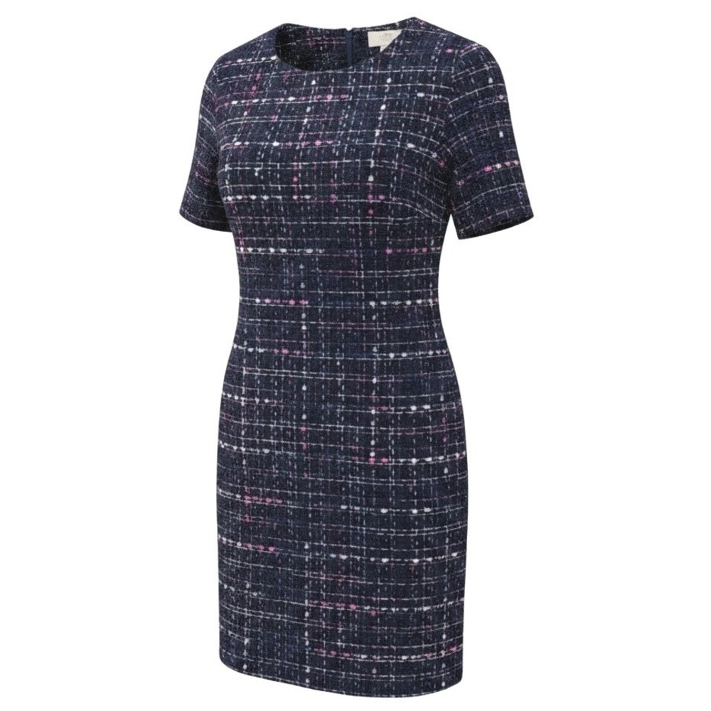 LOFT Shift Dress Womens 4P Navy Blue Pink Tweed Plaid Short Sleeve Mini